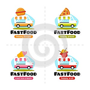 Vector fast food truck logo collection. Pizza, burger, ice cream and wok street cafe.