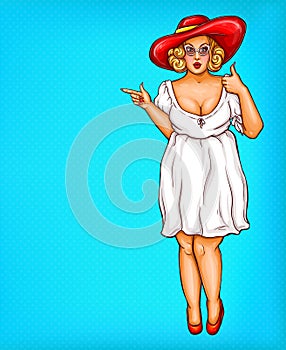 Vector fat, obese blonde pin up woman in hat, pop art plus size model in white dress pointing a finger at discounts,sale