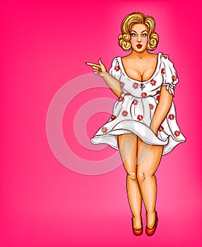 Vector fat, obese blonde pin up woman, pop art xxl, plus size model in white dress pointing a finger at discounts, sale photo