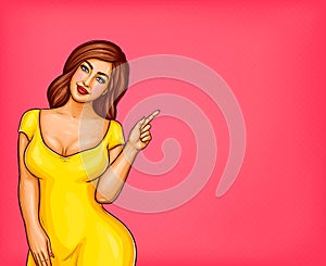 Vector fat, obese brown-haired woman, pop art xxl, plus size model in yellow dress pointing a finger at discounts, sale