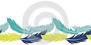 Vector feathers, seamless horizontal border. Hand drawing, blue, cyan, and yellow on a white background
