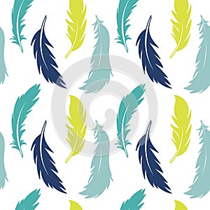 Vector feathers, seamless pattern. Hand drawing, blue, cyan, and yellow colors on a white background, for fabric, packaging,