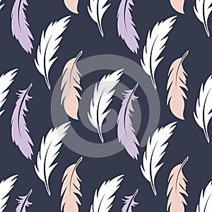 Vector feathers, seamless pattern. Hand drawing illustration on a blue background, for fabric, packaging, stationery, and other