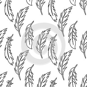 Vector feathers, seamless pattern. Hand drawing illustration on a white background, for fabric, packaging, stationery, and other