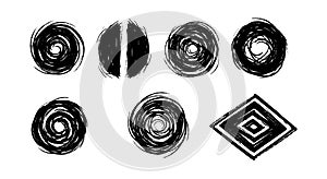 Set of black and white grunge circle and diamond shapes vector illustration design elements