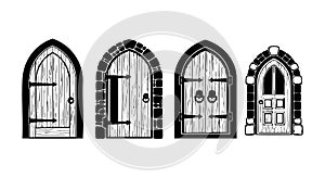 Medieval wooden doors with stone arch frames in black and white vector design for architecture and design projects