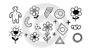 Hand drawn abstract flowers and geometric shapes vector illustration in black and white