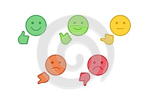 Vector feedback survey flat icon set. Five color smile with hand thumb symbol isolated on white background. Design element for