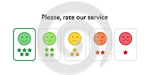 Vector feedback survey flat icon set. Five color smile star sign buttons isolated on white background. Design element for