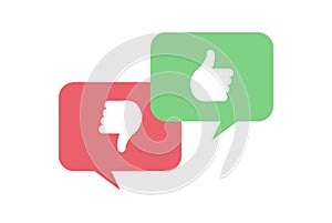 Vector feedback survey flat icon set. Talk bubbles with green thumb up and red thumbs down symbols on white background. Design