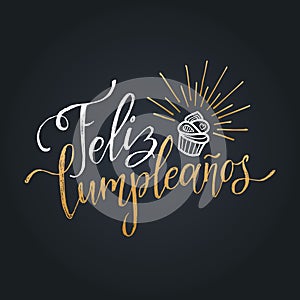 Vector Feliz Cumpleanos, translated Happy Birthday lettering design. Festive illustration with cake for greeting cards. photo