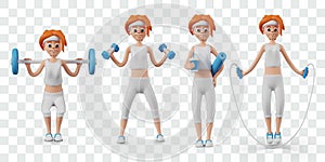 Vector female character performs various sports exercises