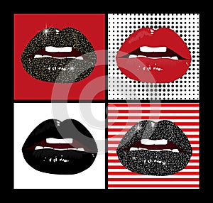 Vector female lips set. Fashion patches elements in pop art, retro style. Black, red, gold and silver. photo