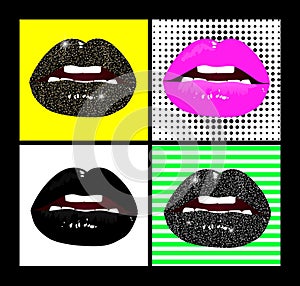 Vector female lips set. Fashion patches elements in pop art, retro style. Bright background and beautiful gloss lips of