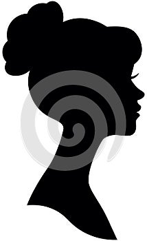 Vector female portrait of the bride with wedding hairstyle. Silhouette head in profile. Black isolated image on white background