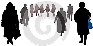 Vector female silhouettes in full growth in winter clothes with bags, fur coats, hats, boots. Women, girls different physique,