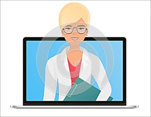 Vector Female woman Doctor with online medical consultation concept, Healthcare services. Ask a doctor online by laptop