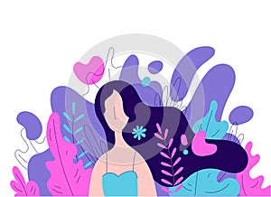 Vector feminine illustration. Woman with long hair among florals, leaves, flowers. Nature, spring