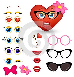 Vector feminine red heart emoji maker, emoticon creator