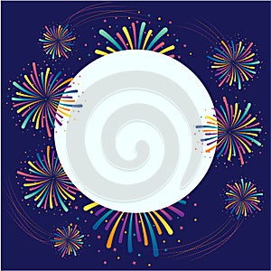 Vector festive background with fireworks in a circle, a light circle in the middle for your text.