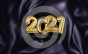 Vector festive banner with volumetric golden numbers 2021 on the background of folds of  dark satin fabric. Realistic New Year