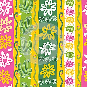 Vector festive cactus and daisy flowers verticle stripes with snakes seamless repeat pattern. Suitable for textile, gift photo