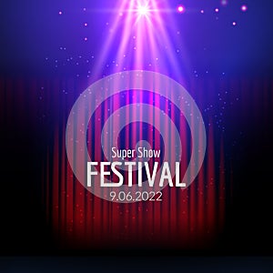 Vector Festive design with lights. Poster for concert, party, theater, dance template. Stage with Curtains. Poster Template with L
