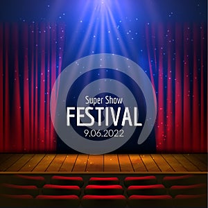 Vector Festive design with lights and wooden scene and seats. Poster for concert, party, theater, dance template. Wooden