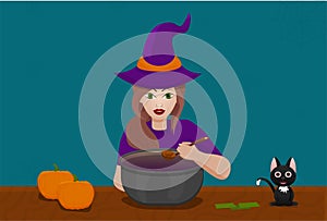 Vector festive poster for Halloween. Cute witch, the sorceress is brewing a potion in cauldron. Black cat, pumpkins