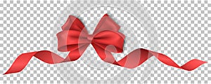 Vector, festive, realistic, red ribbon with bow isolated on transparent background for christmas, new year, party, sale or
