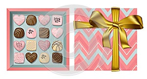 Vector festive top view pink blue gift open square box with golden ribbon and bow and colorful chocolate candies