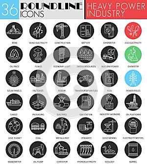 Vector fheavy and power idustry circle white black icon set. Modern line black icon design for web.