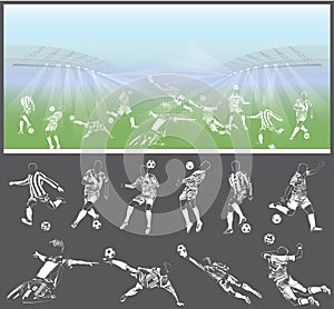 Vector figures of football players with stadium on background