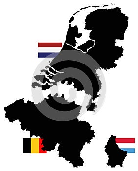 Benelux map and flags - three states in western Europe: Belgium, the Netherlands, and Luxembourg photo