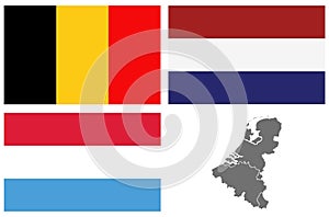 Benelux map and flags - three states in western Europe: Belgium, the Netherlands, and Luxembourg photo