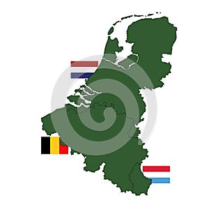 Benelux map and flags - three states in western Europe: Belgium, the Netherlands, and Luxembourg