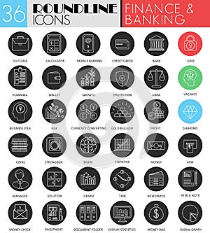 Vector finance banking circle white black icon set. Modern line black icon design for web.