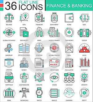 Vector Finance and banking modern color flat line outline icons for apps and web design.