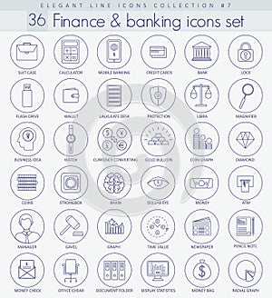 Vector Finance and Banking Outline icon set. Elegant thin line style design.