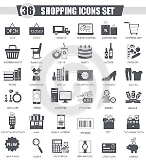Vector finance Shopping e-commerce black icon set. Dark grey classic icon design for web.
