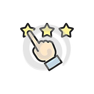 Vector finger point to stars, customer review, rating, feedback color line icon.