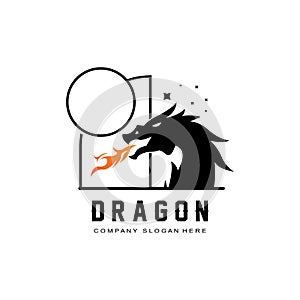 Vector Fire dragon logo icon, scary legend winged animal, illustration concept