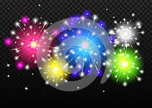 Vector Fireworks Set with transparency. Colorful template.