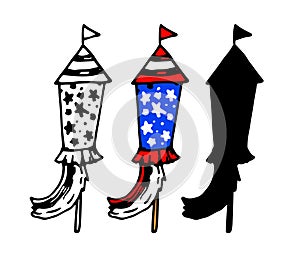 Vector fireworks in the shape of a rocket with a flag and ribbons with a pattern of red and white stripes and white stars on a