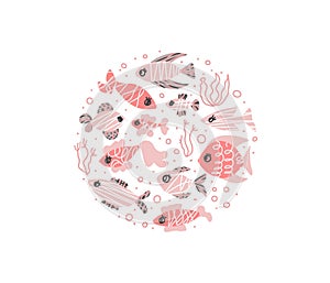 Vector fish collection isolated in doodle style.