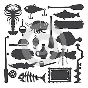 Vector fisherman monochrome handdrawn objects & items set