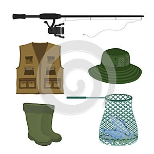 Vector fishing collection. Fish-rod, boots, sweep-net, vest and hat