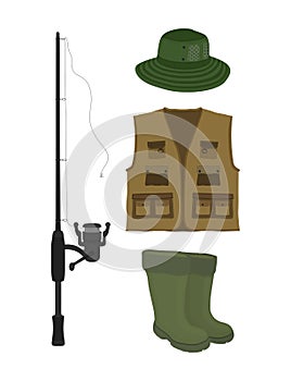 Vector fishing collection. Fish-rod, boots, waders, vest and hat