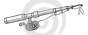 VECTOR FISHING ROD ISOLATED ON A WHITE BACKGROUND. DOODLE DRAWING BY HAND