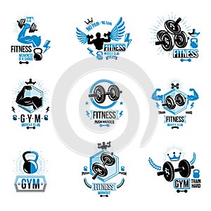 Vector fitness and athletics theme symbols and motivational post photo